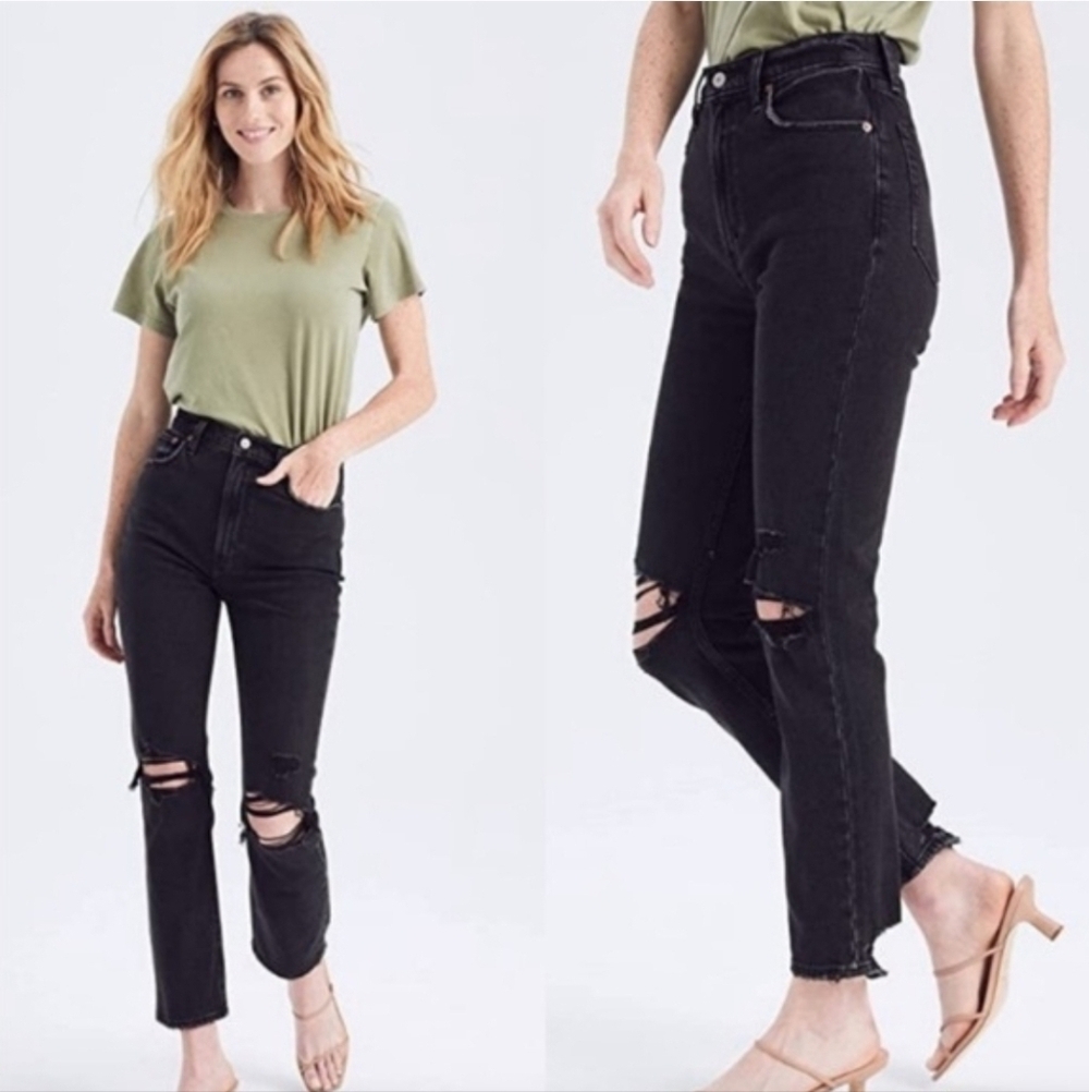 Abercrombie & Fitch The Ankle Straight Ultra High Rise Black Ripped Jeans 32/14